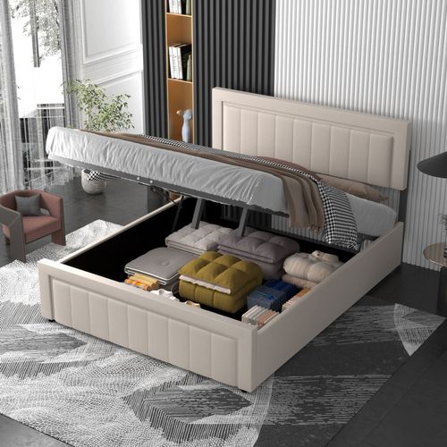 Nashville - Lit Contemporain Avec Coffre De Rangement 160x200cm En Velours Beige