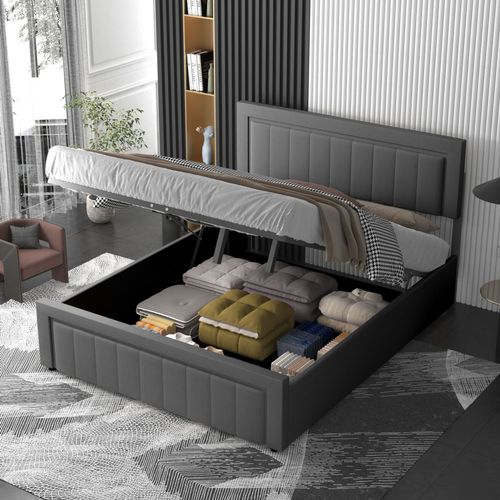 Nashville - Lit Contemporain Avec Coffre De Rangement 140x190cm En Velours Gris