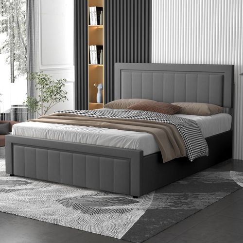 Nashville - Lit Contemporain Avec Coffre De Rangement 140x190cm En Velours Gris