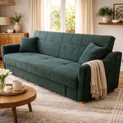 Adare - Canapé Convertible Avec Coffre En Velours Côtelé Vert 3 Places
