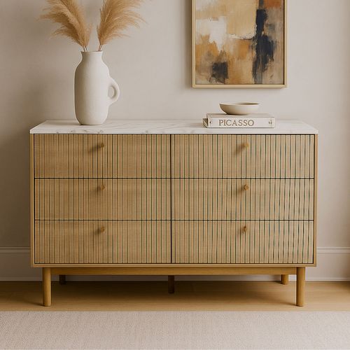 Brox- Buffet 6 Tiroirs Aspect Bois Rainuré Et Marbre 120cm