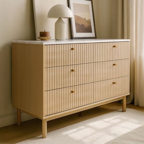 Brox- Buffet 6 Tiroirs Aspect Bois Rainuré Et Marbre 120cm