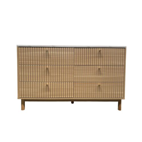 Brox- Buffet 6 Tiroirs Aspect Bois Rainuré Et Marbre 120cm