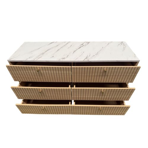 Brox- Buffet 6 Tiroirs Aspect Bois Rainuré Et Marbre 120cm