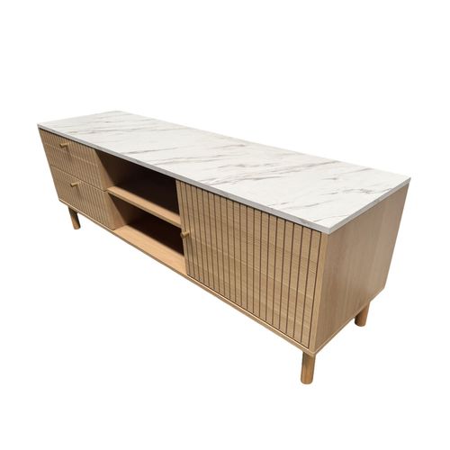 Trix - Meuble TV Aspect Bois Rainuré Et Marbre Avec Tiroirs Et Placard 150cm