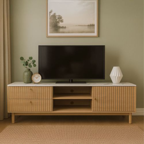 Trix - Meuble TV Aspect Bois Rainuré Et Marbre Avec Tiroirs Et Placard 150cm