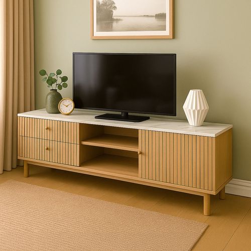 Trix - Meuble TV Aspect Bois Rainuré Et Marbre Avec Tiroirs Et Placard 150cm