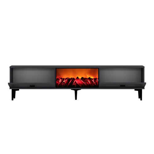Fyra - Meuble TV Avec Cheminée LED 150cm Gris Anthracite Et Noir