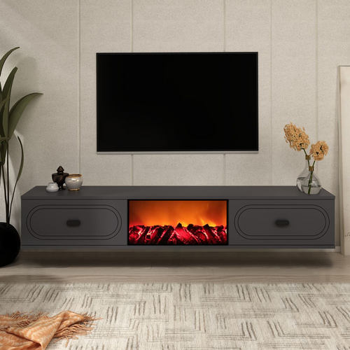 Fyra - Meuble TV Avec Cheminée LED 150cm Gris Anthracite Et Noir