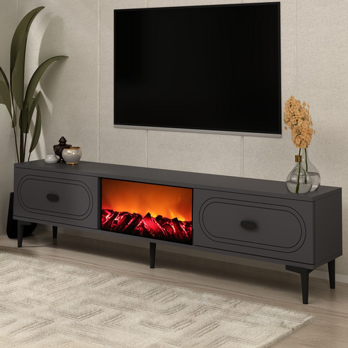 Fyra - Meuble TV Avec Cheminée LED 150cm Gris Anthracite Et Noir