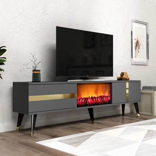Suny - Meuble TV Sur Pieds Avec Cheminée LED 150cm Gris Anthracite Et Détails Dorés