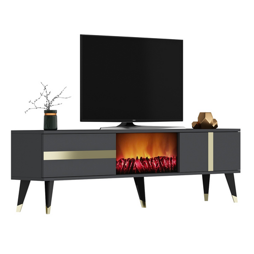 Suny - Meuble TV Sur Pieds Avec Cheminée LED 150cm Gris Anthracite Et Détails Dorés