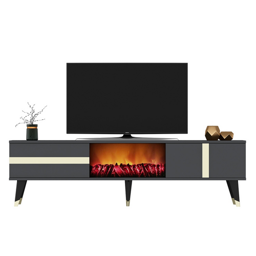 Suny - Meuble TV Sur Pieds Avec Cheminée LED 150cm Gris Anthracite Et Détails Dorés