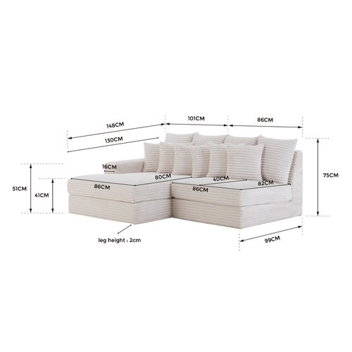 Cardiff - Canapé D'angle 3/4 Places Assise Profonde En Velours Côtelé Beige