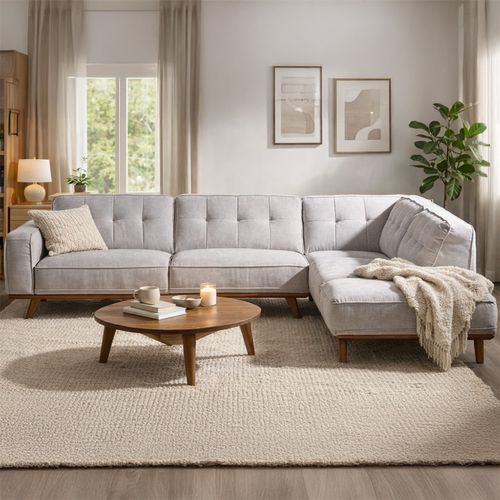 York - Canapé D'angle Design En Tissu Gris 5/6 Places Angle Droit