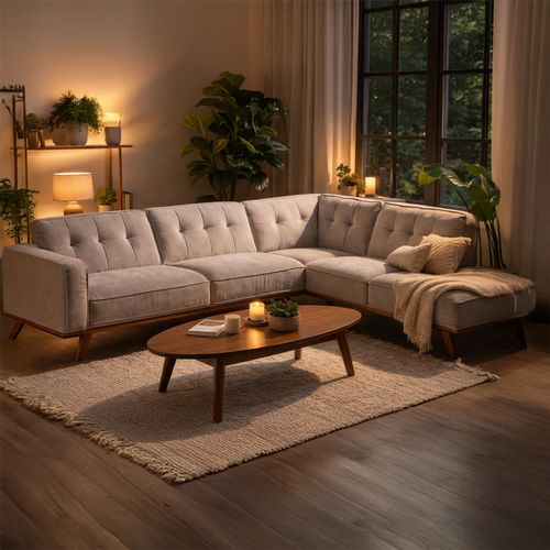 York - Canapé D'angle Design En Tissu Gris 5/6 Places Angle Droit