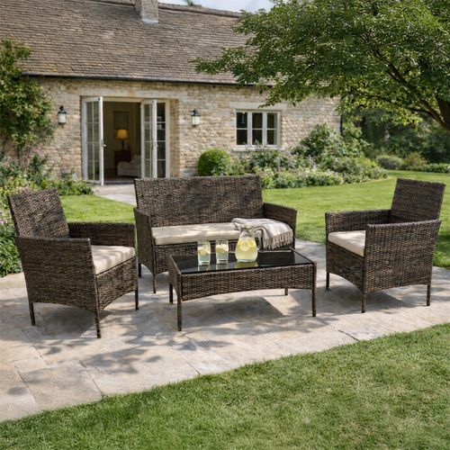 Loos - Ensemble De Jardin 4 Places En Résine Tressée Marron Et Coussins Beige