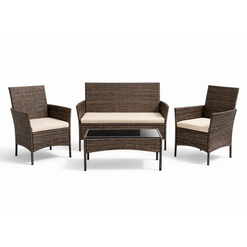 Loos - Ensemble De Jardin 4 Places En Résine Tressée Marron Et Coussins Beige