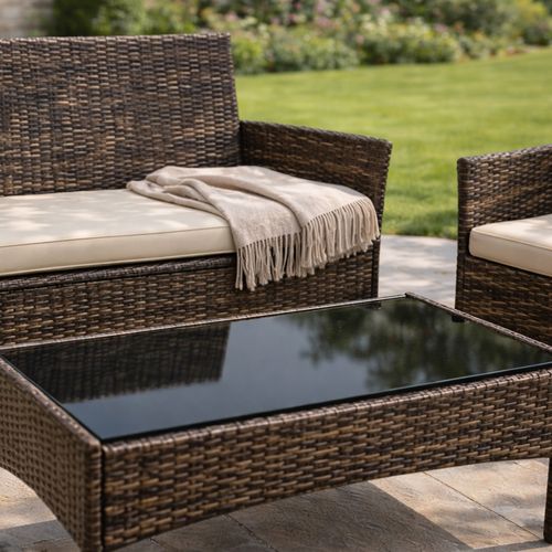 Loos - Ensemble De Jardin 4 Places En Résine Tressée Marron Et Coussins Beige