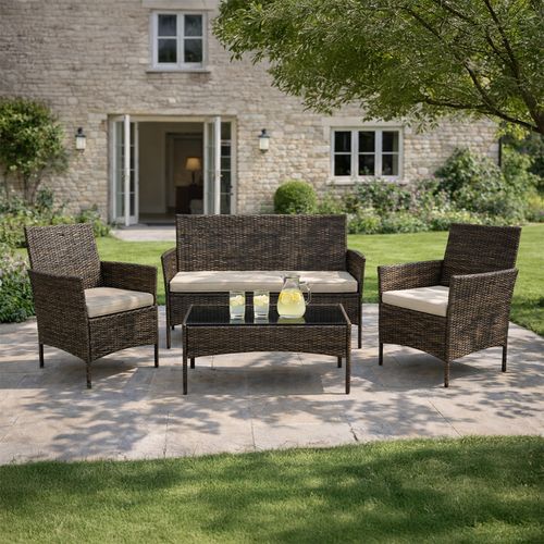 Loos - Ensemble De Jardin 4 Places En Résine Tressée Marron Et Coussins Beige