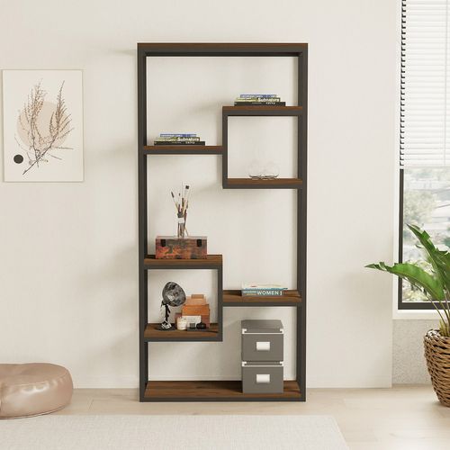 Lopa - Étagère Haute Style Industriel Noyer Et Noir - 182 Cm