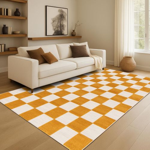 Tapis Salon Damier En Relief Moderne Jaune Écru 160x230