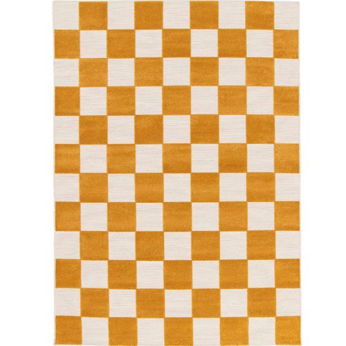 Tapis Salon Damier En Relief Moderne Jaune Écru 160x230