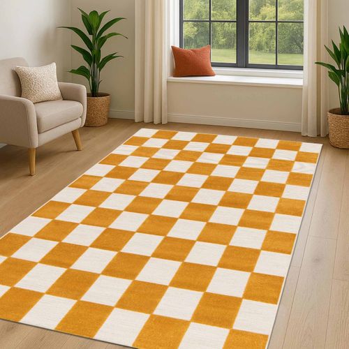 Tapis Salon Damier En Relief Moderne Jaune Écru 160x230