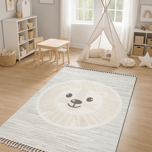 Tapis Salon Enfant Doux Texturé Lion Blanc 160x230