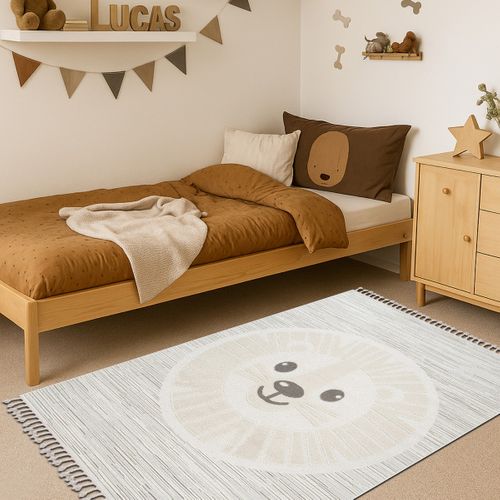 Tapis Salon Enfant Doux Texturé Lion Blanc 160x230