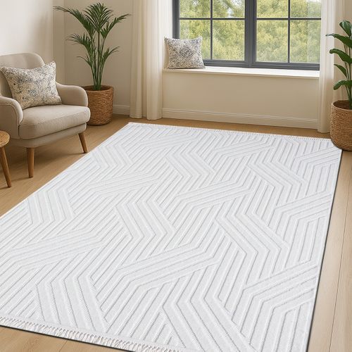 Tapis Salon à Relief Géométriques Moderne Blanc 160x230