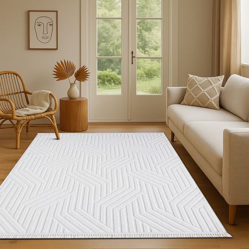Tapis Salon à Relief Géométriques Moderne Blanc 160x230