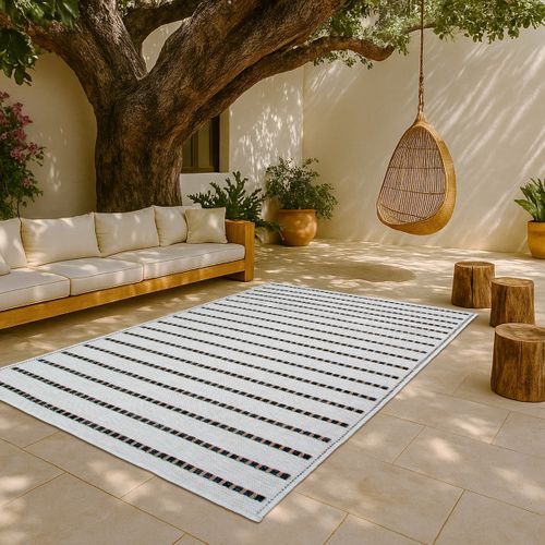 Tapis Salon Aspect Jute  Rayures Noires Blanches 190x290