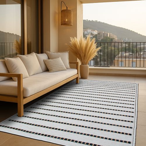Tapis Salon Aspect Jute  Rayures Noires Blanches 190x290