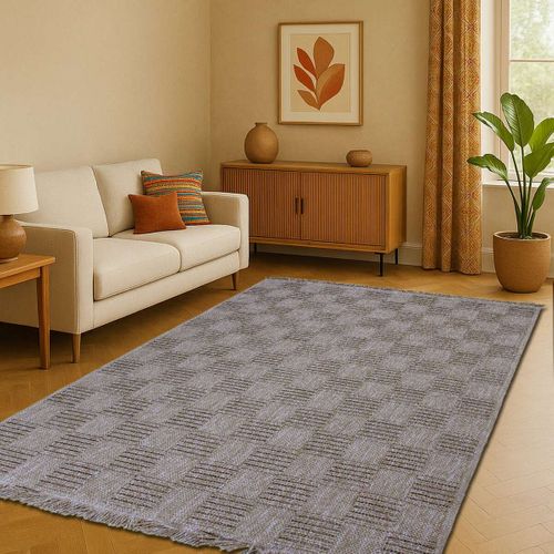 Tapis Salon Damier Aspect Jute Beige 190x290