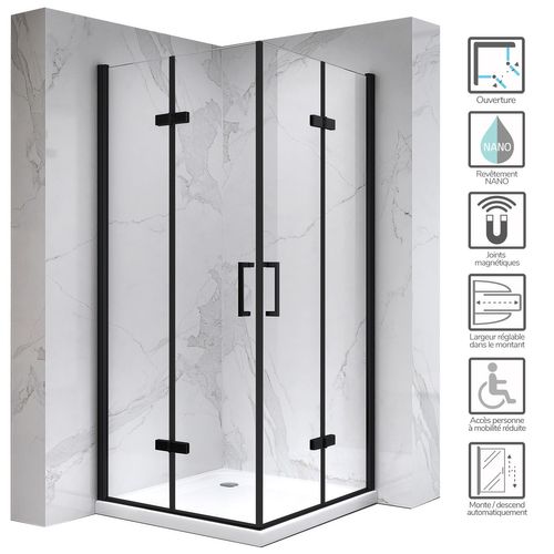 Cabine De Douche H190 85x85cm, 2 Portes Pliantes Pivotantes Atéa-black (sans Receveur)