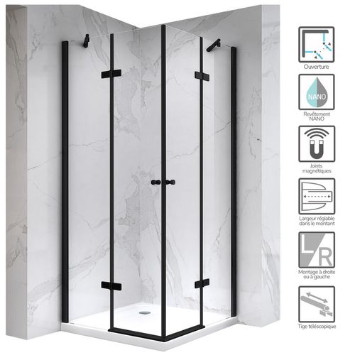 Cabine De Douche H180 80x100cm +receveur Verre Transparent Profilés Noir Maya-black
