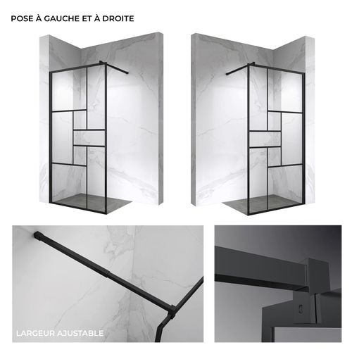 Paroi Douche Italienne Inea 100x200 Cm Verre Sérigraphié 8mm, Atelier Noir, Transparent