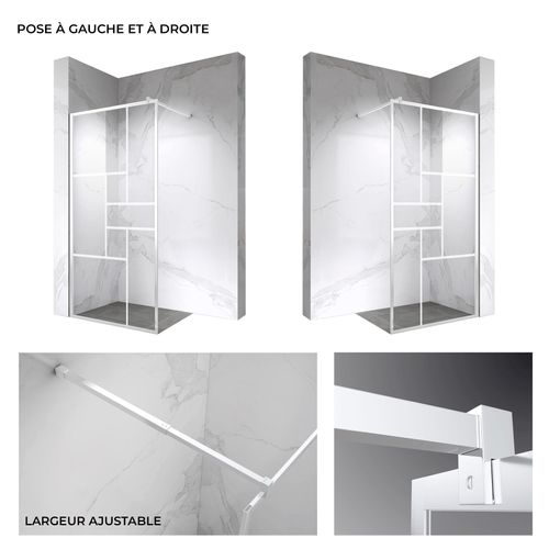 Paroi Douche Italienne Inea 100x200 Cm Verre Sérigraphié 8mm, Atelier Blanc, Transparent