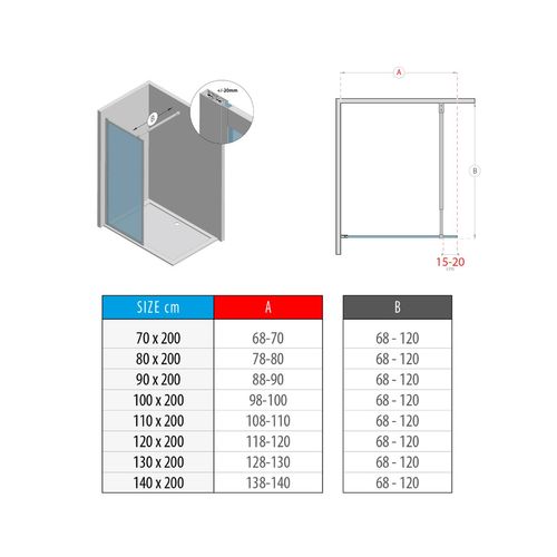 Paroi Douche Italienne Lucia 100x200 Cm Verre 8mm, Transparent, Anticalcaire