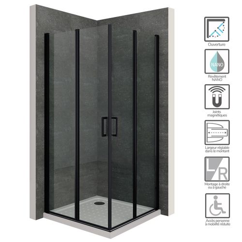 Cabine De Douche Noire 75x80 Cm H.190 Portes Pivotantes Verre 6mm Transparent - Sofia-black