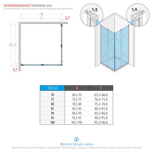 Cabine De Douche 70x75 Cm H.190 Portes Pivotantes Verre 6mm Transparent, Chromé - Sofia