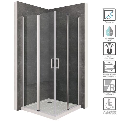 Cabine De Douche 75x80 Cm H.180 Portes Pivotantes Verre 6mm Transparent, Chromé - Sofia