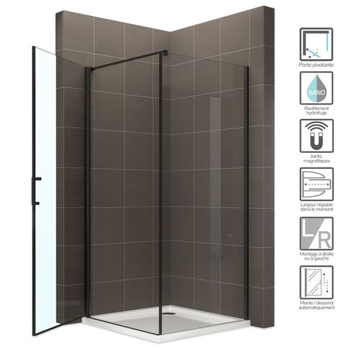 Cabine De Douche Noire 90 X 90 Cm Helena-black H.190 Porte Battante Verre 6 Mm Transparent