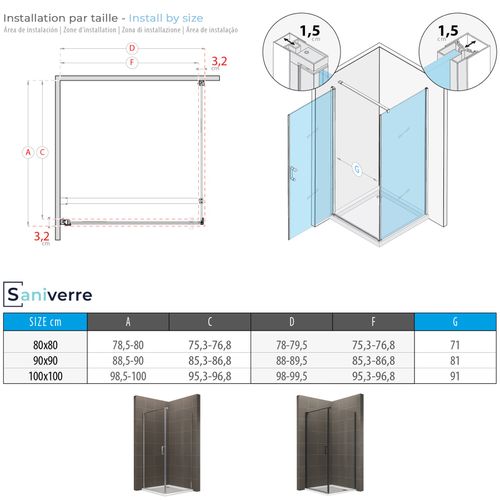 Cabine De Douche 90 X 90 Cm Helena H.190 Porte Battante Verre 6 Mm Transparent, Chromé
