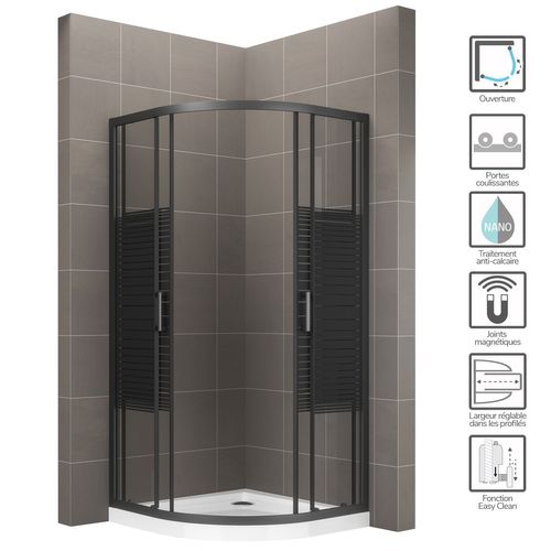 Cabine Douche + Receveur 80x80 Cm Tibyblack 1/4 De Cercle H190 Coulissant Verre Sérigraphié Ligne