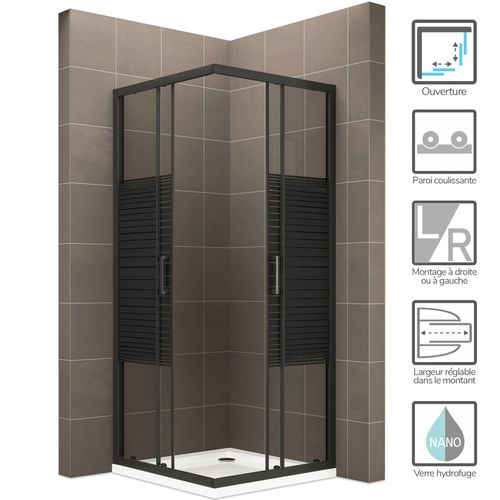 Cabine De Douche 70x90 Cm H.190 Verre Sérigraphié Ligne Noire 6mm, Portes Coulissantes Boha-line