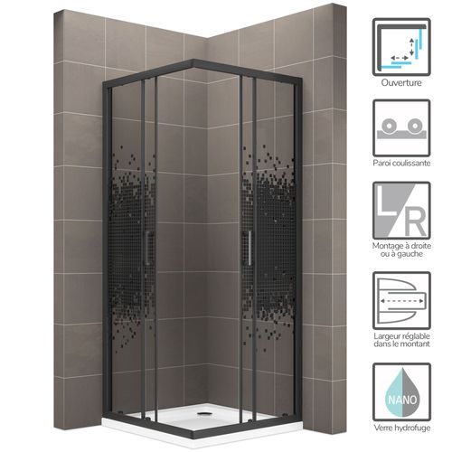 Cabine De Douche 100x100 Cm H.180 Verre Sérigraphié Pixel Noir 6mm, Portes Coulissantes - Boha-pix