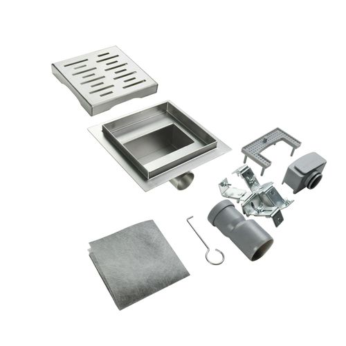 Caniveau Douche Carré Motif Strié 25 X 25 Cm Anti-odeurs, Débit 36l/min, Haut. Réglable -fizeo