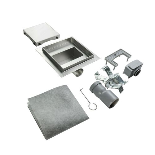 Caniveau Douche Carré Inox 15 X 15 Cm Siphon Anti-odeurs, Débit 36l/min, Haut. Réglable -cara